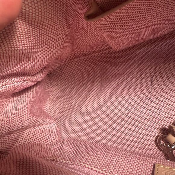 Dooney & Bourke  Medium Domed Tassel Fabric Satchel Handbag Tan Red Logo Print - Picture 9 of 14